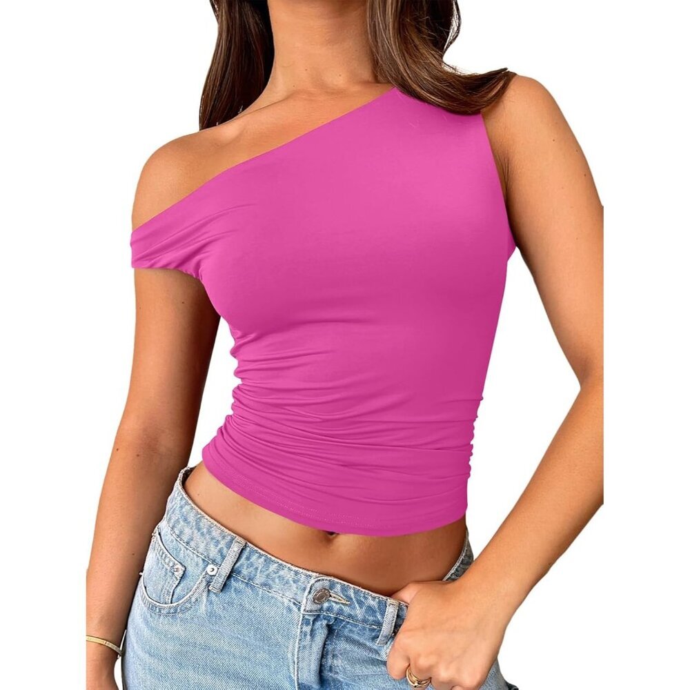 Women's Crop Top Pink Off The Shoulder Sleeveless Y2K Stretchy Summer Comfort
